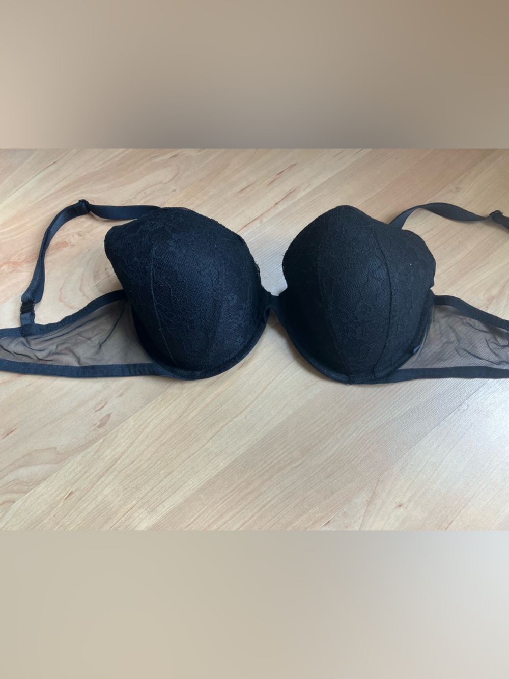 Victoria’s Secret Black Lace Demi Lined Cup with Sheer Mesh Sides 38D